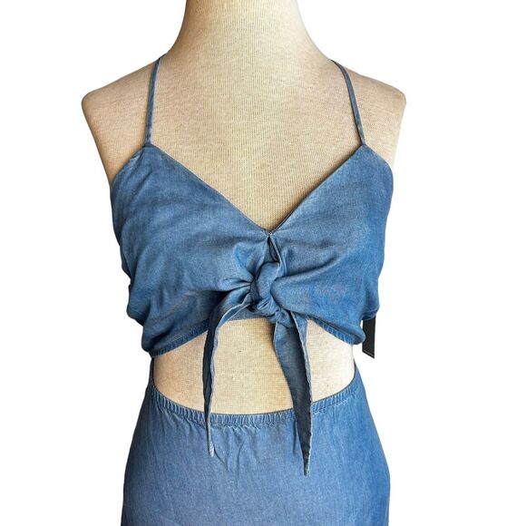Lovers & Friends Chambray Midi Dress Size Small Tie Front Tencel Cutout Waist - Picture 3 of 11